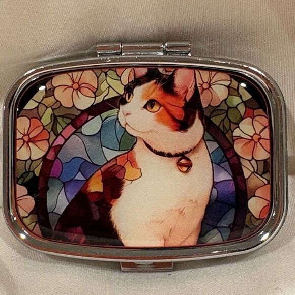 Stained Glass Cat Travel Pill Box 2 Compartment Medicine Pill Case NEW - Picture 1 of 5